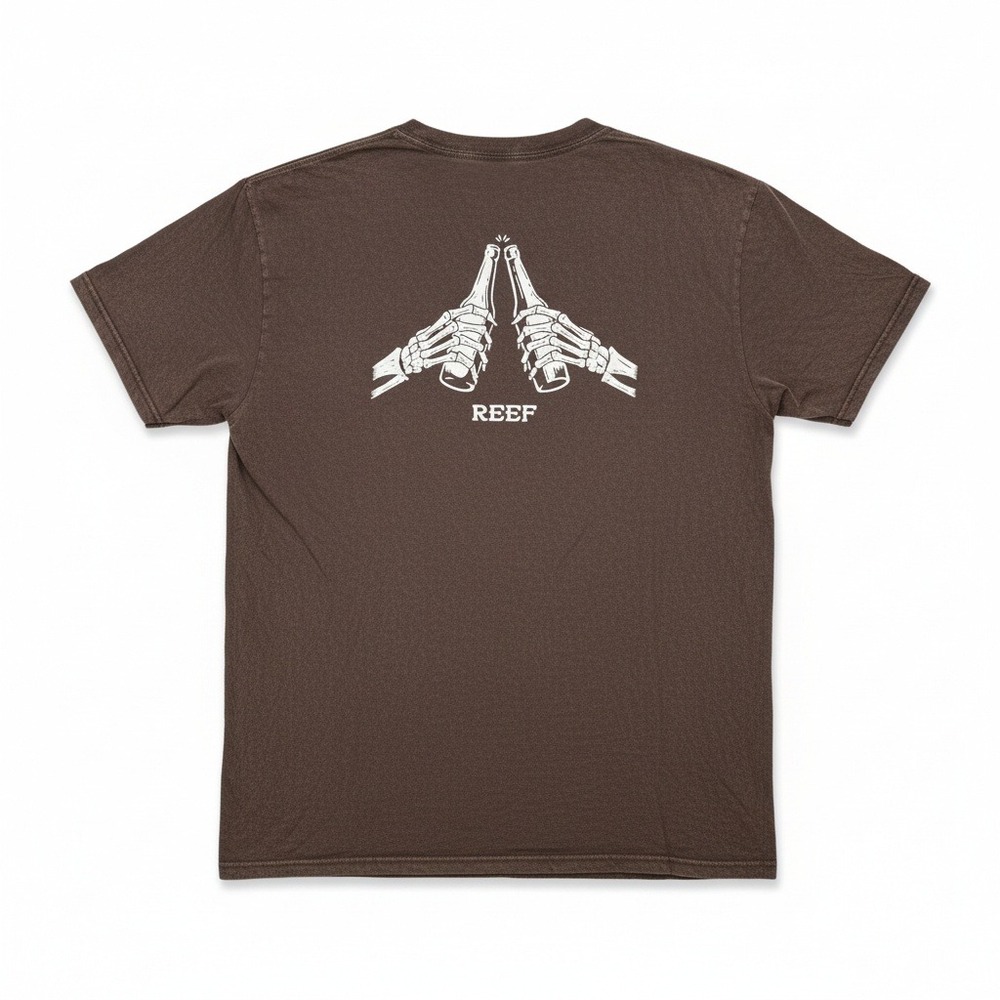Reef Shirt Mens XL Brown Graphic T-Shirt Skeleton Beer Toast Short Sleeve Cotton
